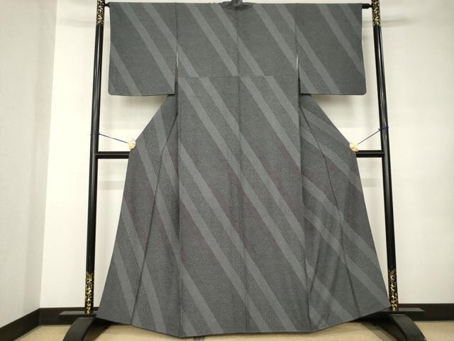 平和屋着物●江戸小紋　斜縞花文　黒地　正絹　逸品　AABJ9270ck
