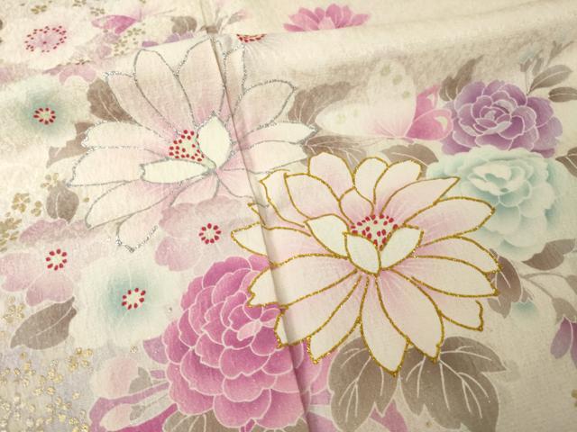 平和屋着物●豪華振袖　舞花文　暈し染め　金銀彩　銀通し地　鈴乃屋扱い　ロング丈　正絹　逸品　AABJ9271ck