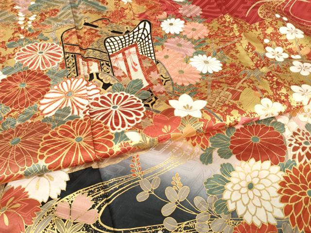 平和屋着物●豪華振袖　御所車花文　暈し染め　金彩　正絹　逸品　AABJ9273ck