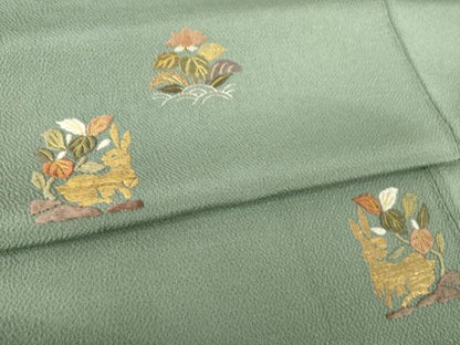 平和屋着物●人間国宝・羽田登喜男　訪問着　総刺繍　花唐草文　兎　金糸　浜ちりめん　反端付き　正絹　逸品　AABJ9277ck