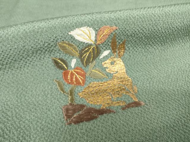 平和屋着物●人間国宝・羽田登喜男　訪問着　総刺繍　花唐草文　兎　金糸　浜ちりめん　反端付き　正絹　逸品　AABJ9277ck