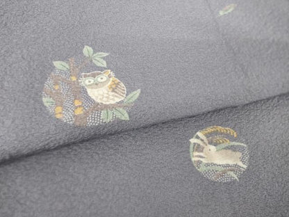平和屋着物●上質な小紋　ミミズク　兎　正絹　逸品　AABJ9278ck