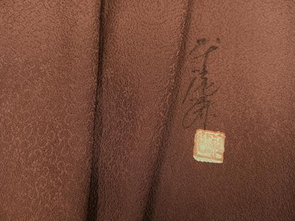 平和屋着物●上質な色無地　作家物　花唐草地紋　蘇芳香色　正絹　逸品　AABJ9317ph