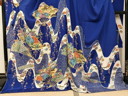 平和屋着物●豪華振袖　型染め　扇面草花文　丹後ちりめん　仮絵羽　逸品　未使用　AABJ9322ph