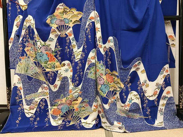 平和屋着物●豪華振袖　型染め　扇面草花文　丹後ちりめん　仮絵羽　逸品　未使用　AABJ9322ph