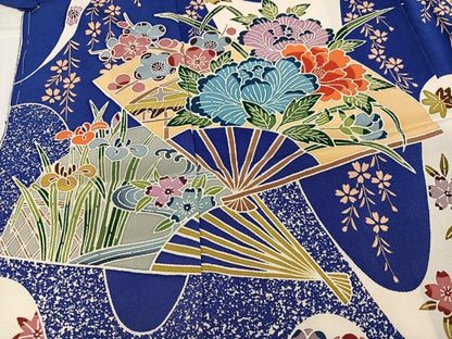 平和屋着物●豪華振袖　型染め　扇面草花文　丹後ちりめん　仮絵羽　逸品　未使用　AABJ9322ph