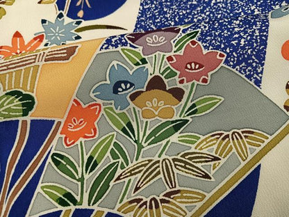 平和屋着物●豪華振袖　型染め　扇面草花文　丹後ちりめん　仮絵羽　逸品　未使用　AABJ9322ph