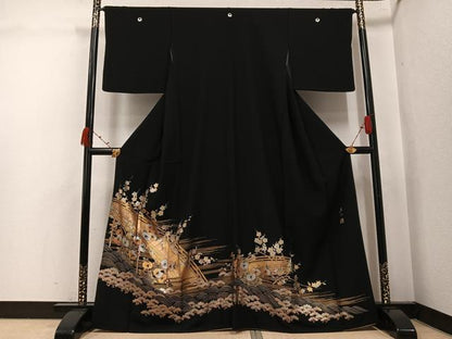 平和屋着物●金彩友禅　卓越技能者・名工・和田光正　黒留袖　渡り橋浜松花文　金銀彩　正絹　逸品　AABJ9324ph