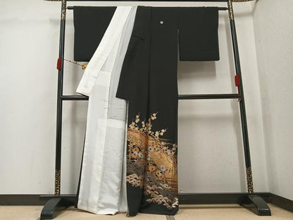 平和屋着物●金彩友禅　卓越技能者・名工・和田光正　黒留袖　渡り橋浜松花文　金銀彩　正絹　逸品　AABJ9324ph