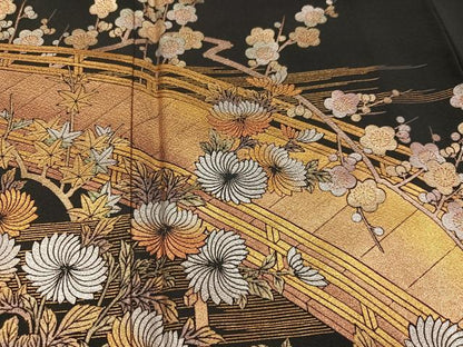 平和屋着物●金彩友禅　卓越技能者・名工・和田光正　黒留袖　渡り橋浜松花文　金銀彩　正絹　逸品　AABJ9324ph