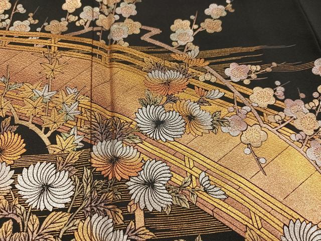 平和屋着物●金彩友禅　卓越技能者・名工・和田光正　黒留袖　渡り橋浜松花文　金銀彩　正絹　逸品　AABJ9324ph