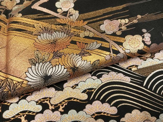 平和屋着物●金彩友禅　卓越技能者・名工・和田光正　黒留袖　渡り橋浜松花文　金銀彩　正絹　逸品　AABJ9324ph