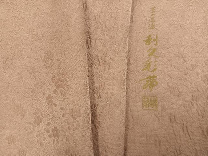 平和屋着物●上質な色無地　作家物　利久彩夢　茶の湯染　草花地紋　水柿色　正絹　逸品　未使用　AABJ9326ph