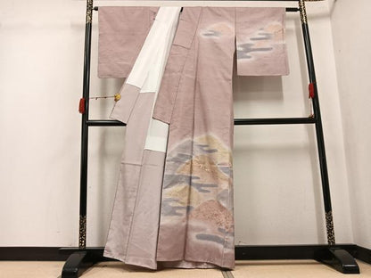 平和屋着物●訪問着　紬地　刺繍　遠山霞草花文　暈し染め　金彩　正絹　逸品　AABJ9340ph