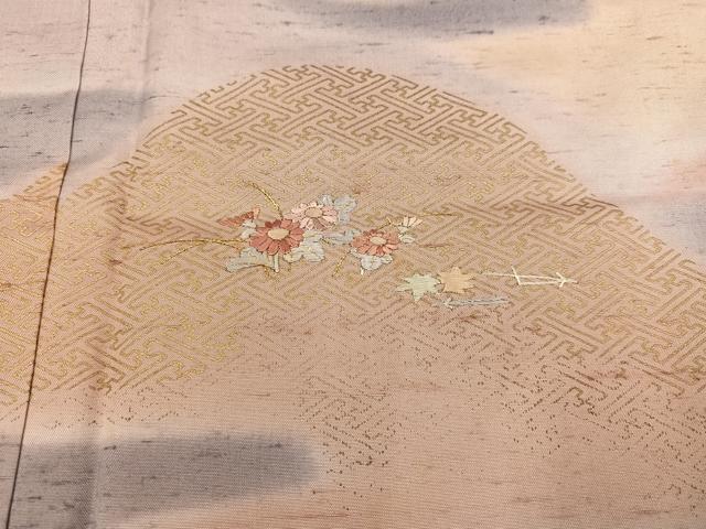 平和屋着物●訪問着　紬地　刺繍　遠山霞草花文　暈し染め　金彩　正絹　逸品　AABJ9340ph