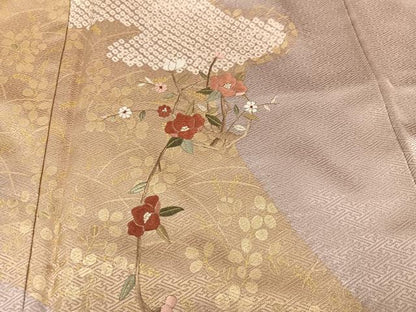 平和屋着物●訪問着　絞り　刺繍　枝椿　金彩　正絹　逸品　AABJ9347ph