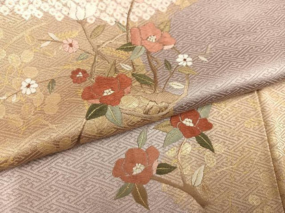 平和屋着物●訪問着　絞り　刺繍　枝椿　金彩　正絹　逸品　AABJ9347ph