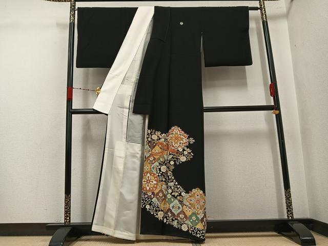 平和屋着物●豪華黒留袖　駒刺繍　鳳凰花文　金彩　正絹　逸品　AABJ9354ph