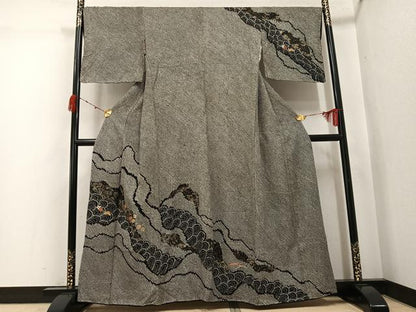 平和屋着物●訪問着　絞り　刺繍　草花青海波　黒地　金彩　正絹　逸品　AABJ9361ph