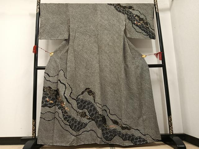 平和屋着物●訪問着　絞り　刺繍　草花青海波　黒地　金彩　正絹　逸品　AABJ9361ph