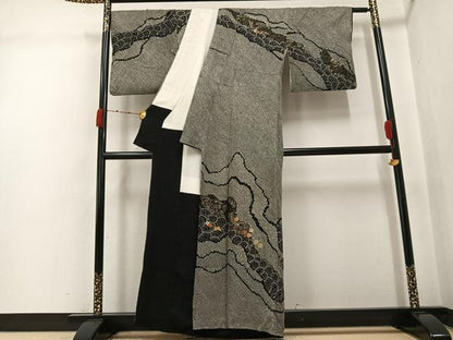 平和屋着物●訪問着　絞り　刺繍　草花青海波　黒地　金彩　正絹　逸品　AABJ9361ph