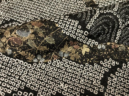 平和屋着物●訪問着　絞り　刺繍　草花青海波　黒地　金彩　正絹　逸品　AABJ9361ph