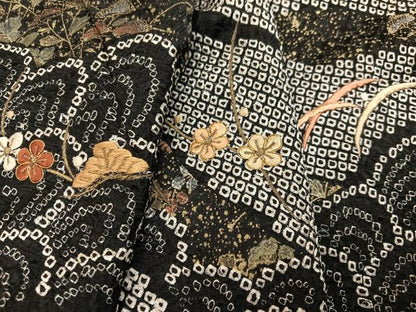 平和屋着物●訪問着　絞り　刺繍　草花青海波　黒地　金彩　正絹　逸品　AABJ9361ph