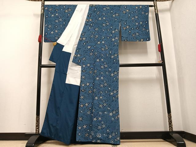 平和屋着物●人間国宝 芹沢圭介一番弟子　下平清人　小紋　朝顔　伊と幸　浜縮緬　反端付き　正絹　逸品　AABJ9365ph