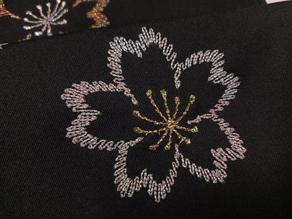 平和屋着物●女性　行灯袴　刺繍　夜桜　黒地　洗える着物　AABJ9367ph