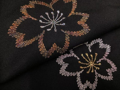 平和屋着物●女性　行灯袴　刺繍　夜桜　黒地　洗える着物　AABJ9367ph