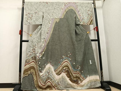 平和屋着物●訪問着　作家物　草花文　暈し染め　金銀彩　正絹　逸品　AABJ9369ph
