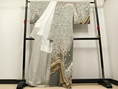 平和屋着物●訪問着　作家物　草花文　暈し染め　金銀彩　正絹　逸品　AABJ9369ph