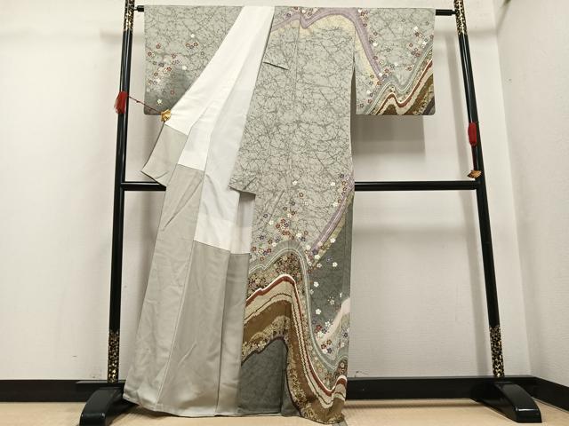 平和屋着物●訪問着　作家物　草花文　暈し染め　金銀彩　正絹　逸品　AABJ9369ph