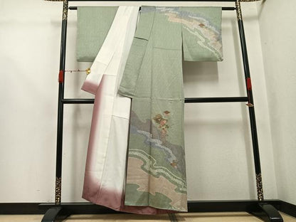 平和屋着物▼中国三大刺繍　汕頭刺繍　スワトウ刺繍　訪問着　絞り　草花文　金彩　正絹　逸品　AABJ9379ph