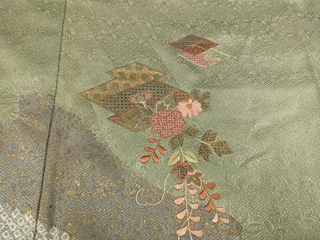 平和屋着物▼中国三大刺繍　汕頭刺繍　スワトウ刺繍　訪問着　絞り　草花文　金彩　正絹　逸品　AABJ9379ph