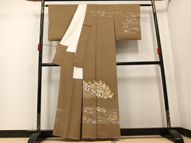 平和屋着物●訪問着　駒刺繍　風景草花文　金彩　正絹　逸品　AABJ9381ph