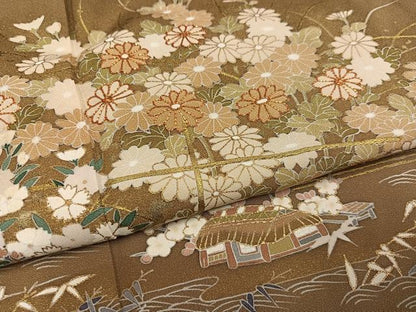 平和屋着物●訪問着　駒刺繍　風景草花文　金彩　正絹　逸品　AABJ9381ph