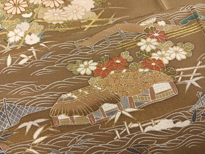 平和屋着物●訪問着　駒刺繍　風景草花文　金彩　正絹　逸品　AABJ9381ph