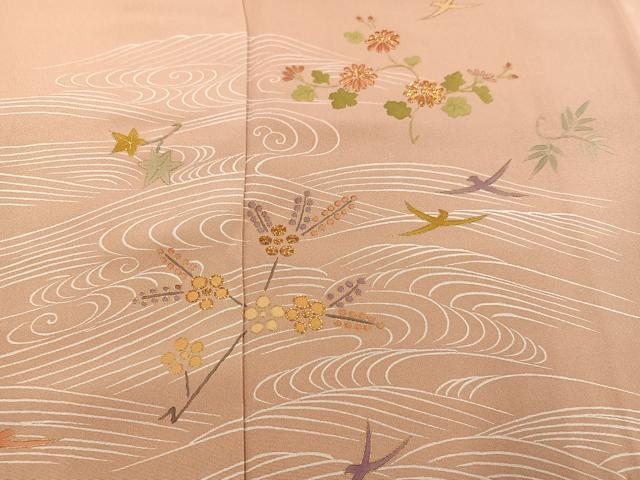 平和屋着物●訪問着　駒刺繍　立波花鳥舞蝶文　金彩　正絹　逸品　AABJ9396ph
