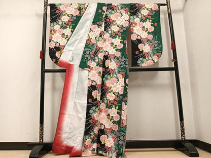 平和屋着物●H・L（アッシュエル）　HENRI-LUC CHAPUIS　小振袖　二尺袖　草花文　金彩　洗える着物　AABJ9398ph
