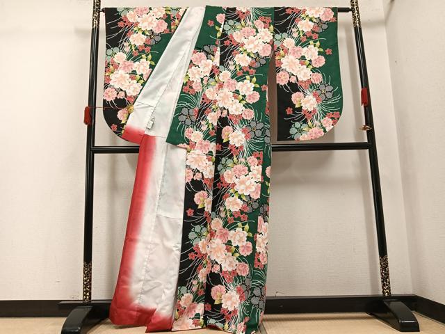平和屋着物●H・L（アッシュエル）　HENRI-LUC CHAPUIS　小振袖　二尺袖　草花文　金彩　洗える着物　AABJ9398ph