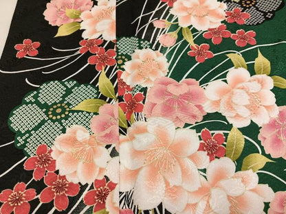 平和屋着物●H・L（アッシュエル）　HENRI-LUC CHAPUIS　小振袖　二尺袖　草花文　金彩　洗える着物　AABJ9398ph