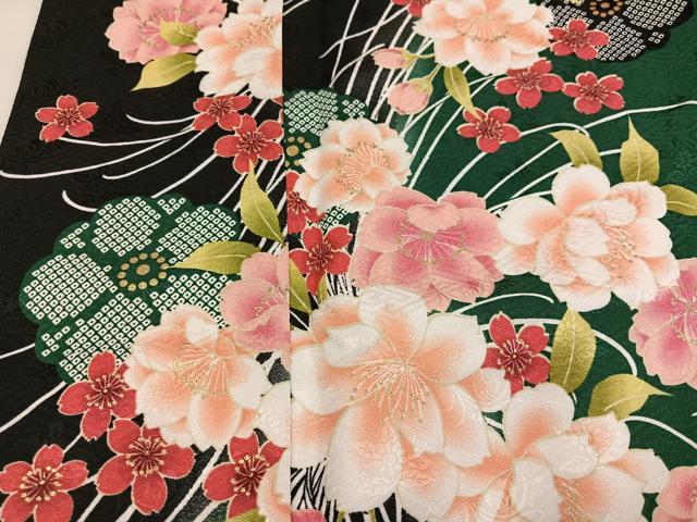 平和屋着物●H・L（アッシュエル）　HENRI-LUC CHAPUIS　小振袖　二尺袖　草花文　金彩　洗える着物　AABJ9398ph