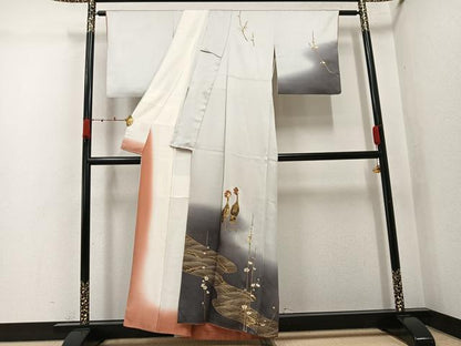 平和屋着物●訪問着　立波枝梅文　冠鶴　暈し染め　金彩　正絹　逸品　AABJ9428ph