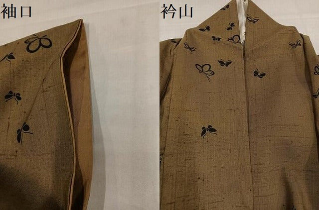 平和屋着物●上質な小紋　紬地　型染め　舞蝶文　朽葉色　正絹　逸品　AABJ9432ph