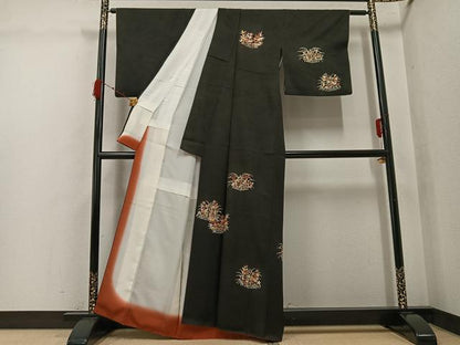 平和屋着物●訪問着　刺繍　草花文　黒地　金彩　正絹　逸品　AABJ9433ph