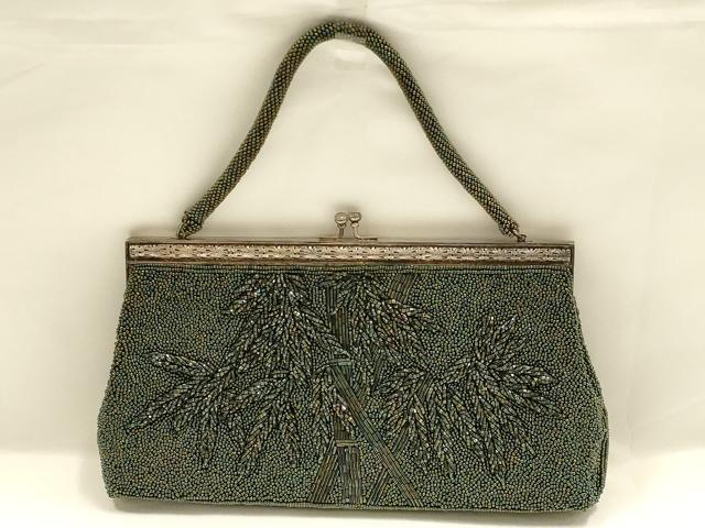 平和屋着物▼和装小物　和装バッグ　ビーズバッグ　ハンドバッグ　クラッチバッグ　がま口　笹竹文　逸品　AABJ9483ay