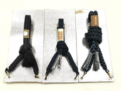 平和屋着物▼男性　和装小物　羽織紐まとめて3点　平組・丸組　紺色系　切り房・撚り房　逸品　AABJ9513ay