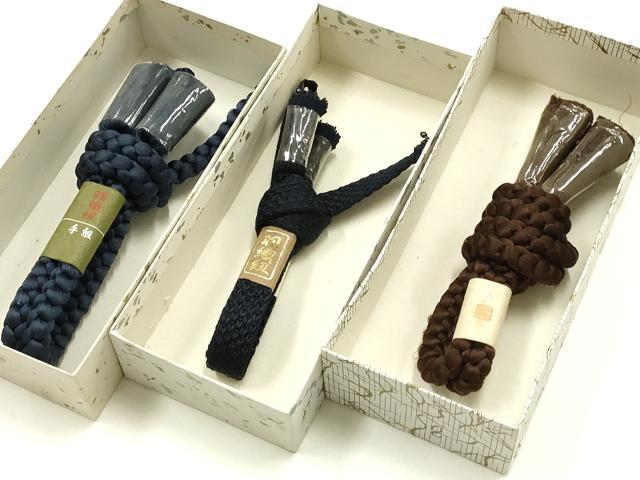 平和屋着物▼男性　和装小物　羽織紐まとめて3点　平組・丸組　紺・茶色系　切り房・撚り房　逸品　AABJ9517ay