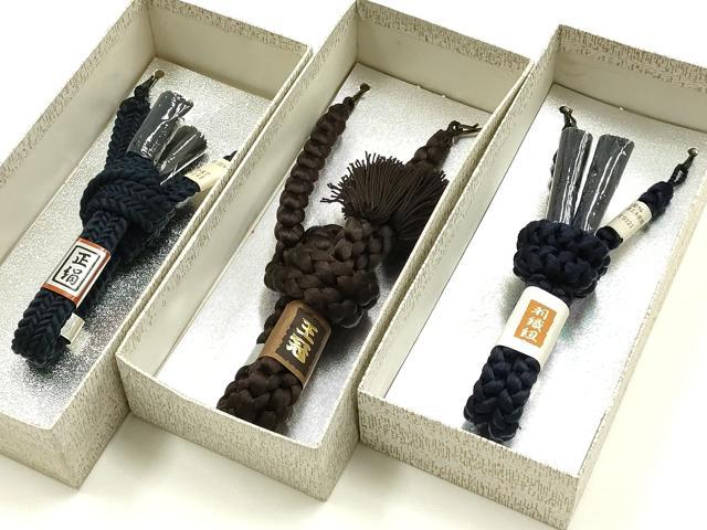 平和屋着物▼男性　和装小物　羽織紐まとめて3点　平組・丸組　紺・茶色系　切り房・撚り房　逸品　AABJ9518ay